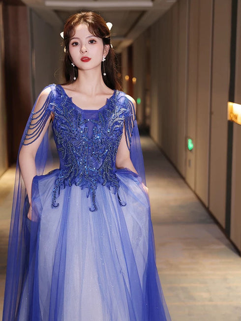 Blue and White V-neckline Floor Length Tulle Party Dress, A-line Long Formal Dress Prom Dress